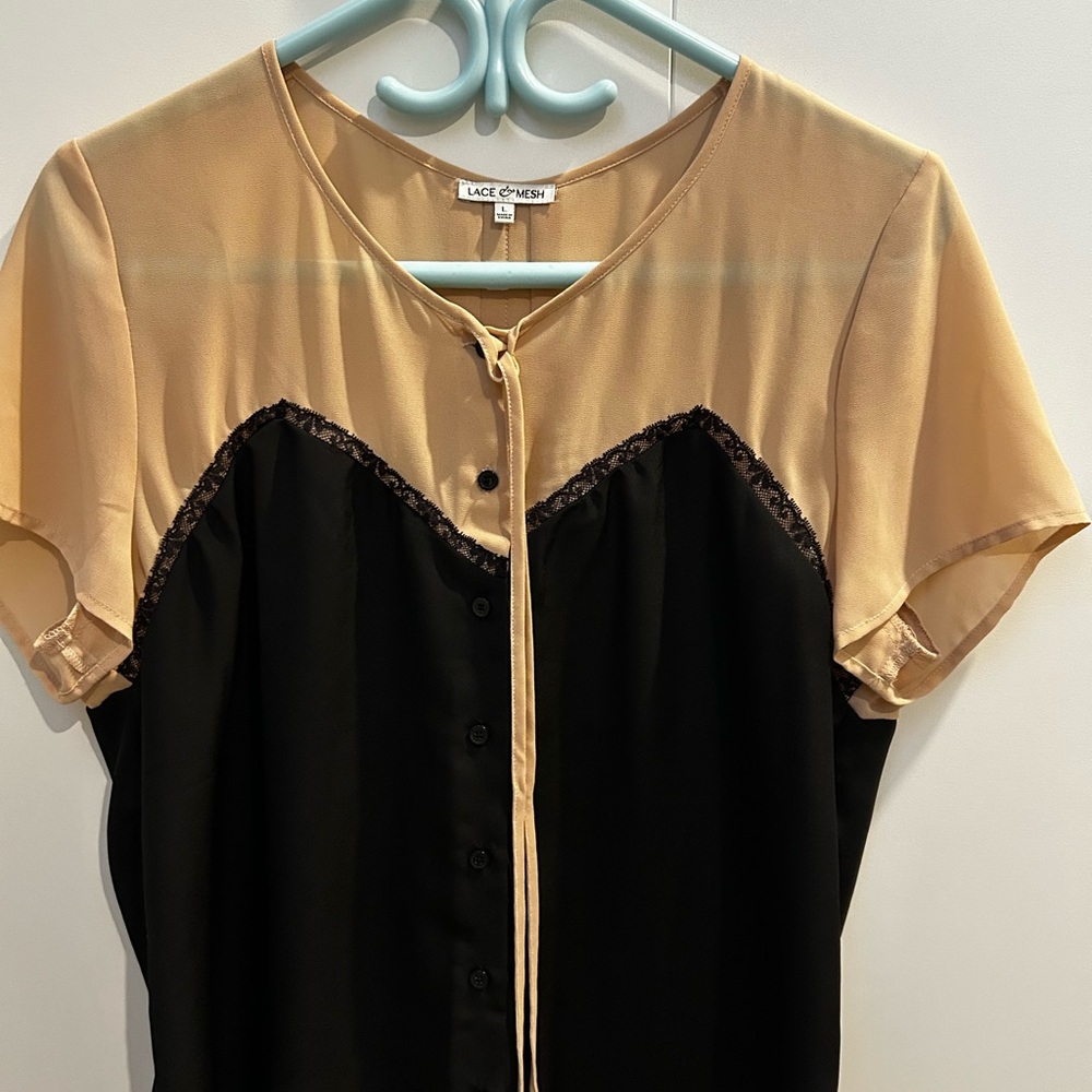 Tan and black Bustier Blouse with Mandarin Collar